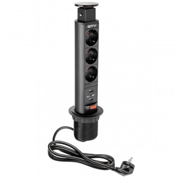 Удлинитель врезной вертикальный GTV D-60 мм, 3 розетки SCHUKO, 2 USB порта, черный AE-BPW3S60U-20