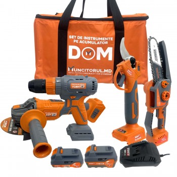 Set scule cu acumulator TechnoWorker 4 în 1, 20 V, 2 acumulatori: mașină de găurit/înșurubat, polizor 125 mm, fierăstrău cu lanț și foarfecă