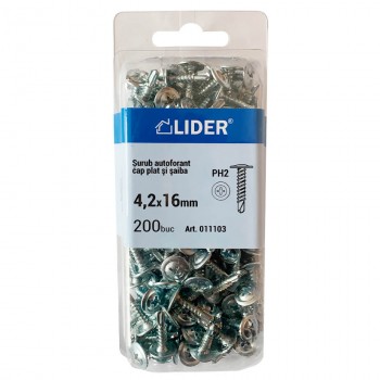 Șurub cu cap plat și șaibă Lider 4.2x16 mm cu burghiu zincat 200 bucăți (Art. 011103)
