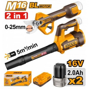 Set de instrumente cu acumulator pentru grădină INGCO COSLI250385 foarfecă de grădină fără perii 25 mm + suflantă 5 m³/min, 16V, 2 x 2.0 Ah, încărcător, cutie