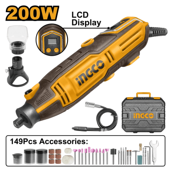 Mașină electrică de gravat INGCO MG2008, 200 W, 10 000-40 000 rot/min, 149 accesorii, ax flexibil, ecran LCD, valiză