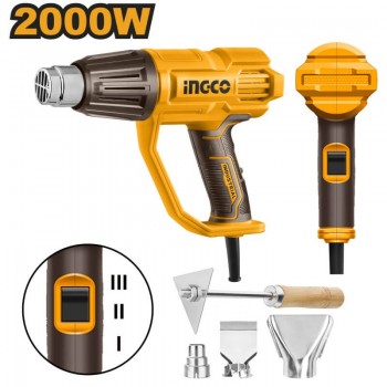 Фен строительный INGCO Industrial HG200078 2000 Вт, 50-450-550 °C, 3 режима, 4 насадки
