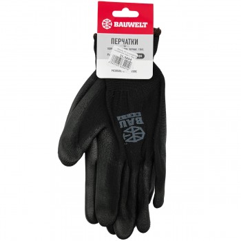 Перчатки защитные с односторонним обливом полиуретана BAUWELT размер L, черные (Арт. 24215)