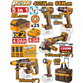 Set de scule electrice cu acumulator INGCO CKLI20595, fără perii, 20 V, 5 în 1, 2 acumulatori de 4 Ah, 47 accesorii, în geantă