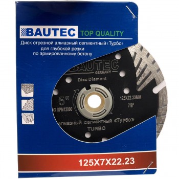 Disc diamantat segmentat Turbo pentru tăierea adâncă în beton armat BAUTEC 125x7x22.3 mm (Art. 1702)