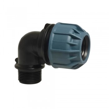 Cot compresiune pentru țevi din polietilenă Elysee 90 de grade, 25 mm x 1/2", filet exterior, 10 bar