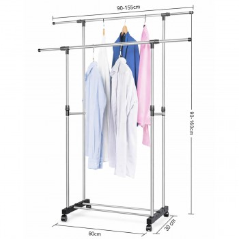 Стойка для одежды на колёсиках двойная регулируемая 90-155 см, высота 90-160 см, 80x30 см AT3123/TM0083