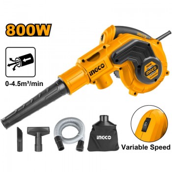 Aspirator și suflantă pentru frunze INGCO Industrial AB8008, 800 W, debit 0-4,5 m3/min, reglare viteză