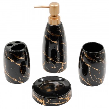 Set accesorii pentru baie din ceramică, 4 piese, negru cu model marmorat auriu, AT0244-2