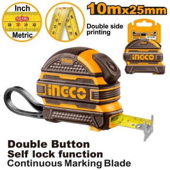 Ruletă profesională INGCO 10 m x 25 mm, Self-Lock, cu autostop și bandă din oțel HSMT081025