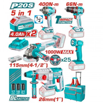 Набор аккумуляторных инструментов TOTAL Industrial TCKLI20592 20 V, 5 в 1, бесщеточные, 2х4 Ач Li-Ion, кейс