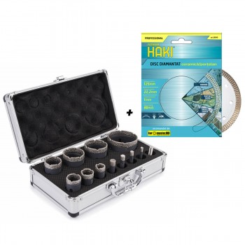 Set de carote diamantate HAKI 5015 6-70 mm, M14, pentru polizor unghiular, gresie porțelanată și faianță, 12 buc în valiză + disc 125 mm