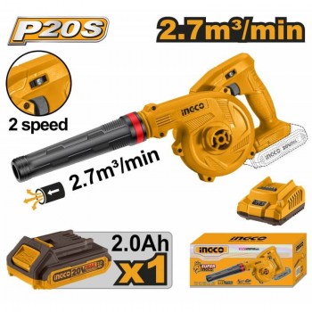 Suflantă frunze cu acumulator INGCO P20S 20V, 2 viteze, 2,7 m3/min, cu baterie 2,0 Ah + încărcător, CABLI200181
