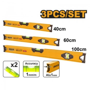 Set de nivele de construcție INGCO HSL10403, 3 buc. (40, 60 și 100 cm), din aluminiu, precizie 1 mm/m