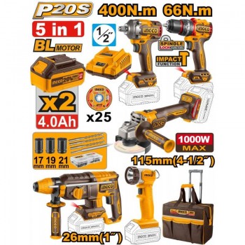 Набор бесщеточных аккумуляторных инструментов INGCO CKLI2059 5-в-1 20 В (шуруповёрт 66 Нм, гайковёрт 400 Нм, перфоратор 26 мм, УШМ 115 мм, фонарь) 2х4 Ач + ЗУ