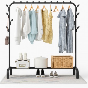 Suport pentru haine de podea cu o bară transversală, raft și cârlige, din metal, negru, 110x41x150 cm, RKJ113B