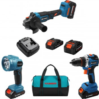 nabor-akkumuljatornogo-instrumenta-hammer-ushm-bolgarka-drel-shurupovjort-led-fonar-21-v-2-akb-li-ion-4-0-ach-2-0-ach-art-859607