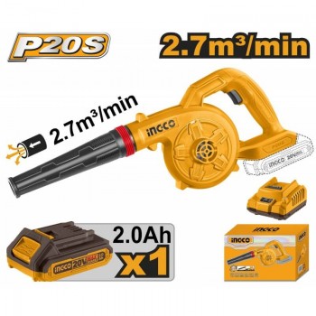 Suflantă de frunze cu acumulator INGCO CABLI200281 20 V, Li-Ion, 2.0 Ah, 2.7 m3/min, cu încărcător