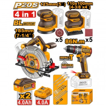 Set de 4 scule electrice cu acumulator INGCO INDUSTRIAL COSLI251083, 20 V, 2 acumulatori de 4 Ah