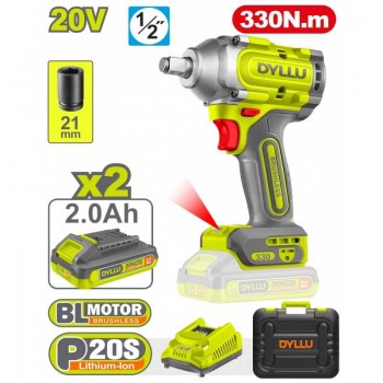 Mașină de înșurubat cu impact DYLLU DTCD1B33 acumulator 20 V, 330 Nm, 1/2", 2 baterii 2.0 Ah, valiză