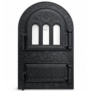 Ușiță pentru sobă din fontă Miculin, dublă, arcuită, 510x325 mm, cu sticlă