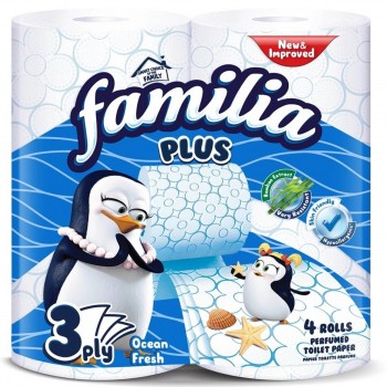 Hârtie igienică Familia Ocean Fresh, 3 straturi, 4 role, parfumată, 100% celuloză