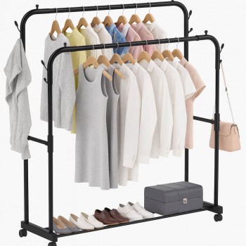 Suport dublu pentru haine pe roți AT3117-1/A, 2 bare, din metal, negru