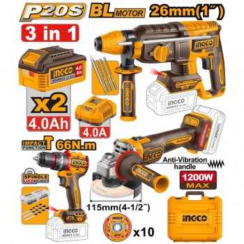 Set scule cu acumulator INGCO CKLI202598, 20 V, 3 în 1, fără perii: mașină de găurit și înșurubat cu percuție 66 Nm, polizor unghiular 115 mm, ciocan rotopercutor 2,5 J, 2x4 Ah, încărcător și valiză