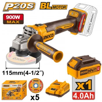 Polizor unghiular cu acumulator INGCO CAGLI261521, 115 mm, 20 V, motor fără perii, 900 W, set 4.0 Ah + încărcător + 5 discuri
