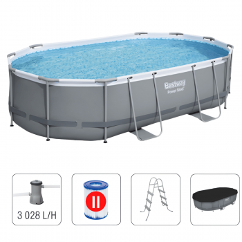 Бассейн каркасный Bestway Power Steel 56448BW 488x305x107 см, 10949 л, овальный, с фильтр-насосом, лестницей и тентом
