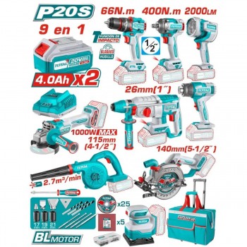 Набор аккумуляторных электроинструментов TOTAL TOOLS TOSLI250381 20 В 9-в-1 2х4 Ач Li-Ion P20S бесщеточный кейс