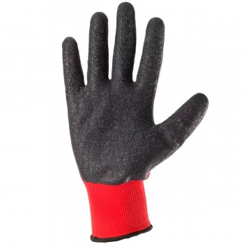 Mănuși de muncă Profmet din poliester roșu cu latex negru spumat, acoperire parțială, manșetă elastică, mărimea 10 (L)