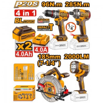 Набор аккумуляторных инструментов INGCO P20S 20 В COSLI241297: ударная дрель 96 Нм, импакт-винтоверт 285 Нм, пила 185 мм 4800 об/мин, фонарь 2000 лм, 2х4.0 Ач + зарядка
