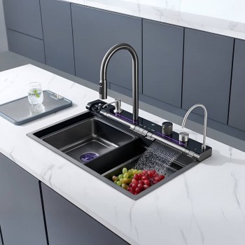 Chiuvetă de bucătărie multifuncțională ZERIX ZH7546-SET-04 Nano-Black 750x460 mm, cu baterie încorporată și efect de cascadă