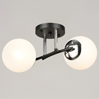 Lustră pentru tavan K2318/2 BK+CH, 2 becuri E27, negru/crom, cu abajururi albe din sticlă, 360x130x185 mm