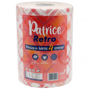 Prosop din hârtie pentru bucătărie Patrice Retro 4 straturi, alb, 100 buc/rulou, 26x26 cm