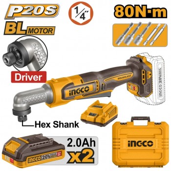 Угловой аккумуляторный ударный шуруповерт INGCO CAIRLI208, 20 В, 2х2 Ач, 80 Нм, 1/4", бесщеточный, в кейсе