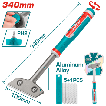 Скребок металлический Total Tools TGS3088 340 мм, лезвие 100 мм, 6 лезвий SK5, алюминиевый сплав