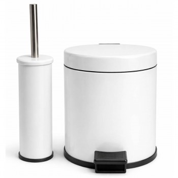 Set de accesorii pentru WC: coș de gunoi + perie WC cu suport, metal/inox, alb