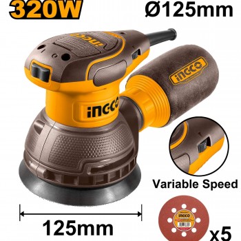Mașină de șlefuit excentrică INGCO RS3216, 320 W, 125 mm, 8000-13000 rot/min, cu turație reglabilă