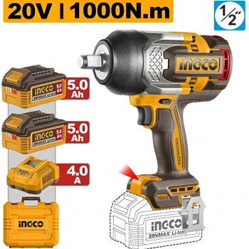 Аккумуляторный бесщеточный ударный гайковерт INGCO CIWLI20100 20 В, 1000 Нм, 1/2", 2 аккумулятора 5 Ач, с кейсом