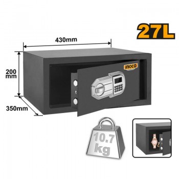 Сейф электронный INGCO 27 л, 200х430х350 мм, кодовый замок, сталь, крепление к стене и полу ESF3502