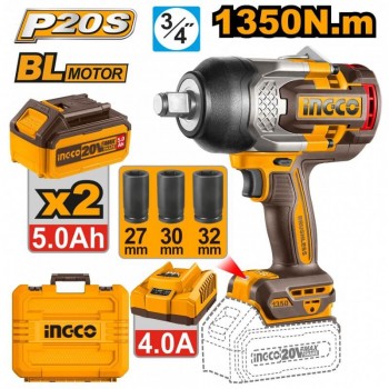 Mașină de înșurubat cu impact INGCO CIWLI20135, 1350 Nm, 3/4″, 20 V Li-Ion, 2x5 Ah, valiză